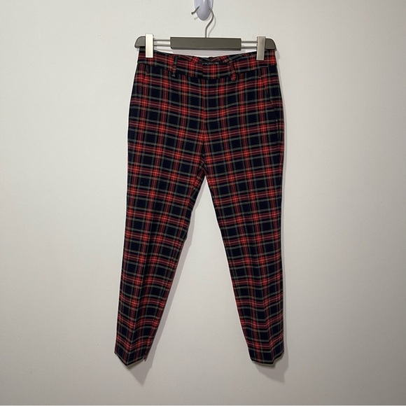Zara Women's red navy tartan holiday straight leg trouser pants in size US 4 - Picture 1 of 8